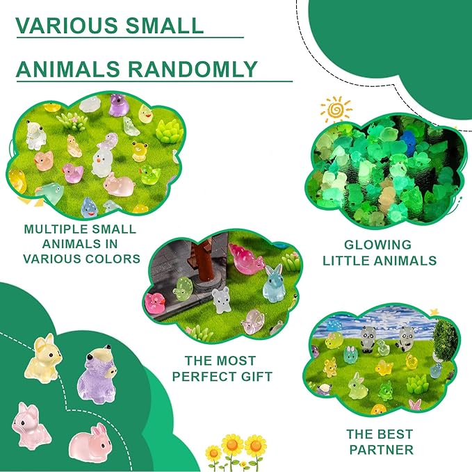 110 Pack Mini Animals Tiny Animal Figurines Bulk for Miniature Glow in Night Dollhouse Decor Accessories Garden Aquarium Potted Ornament Party DIY Charms Office Classroom Activity to Hide