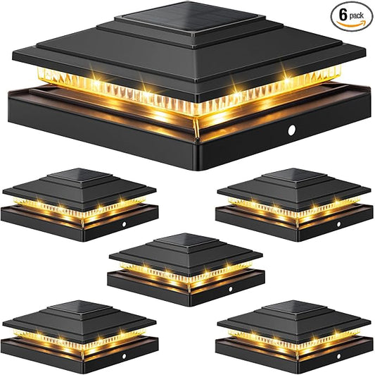 APONUO Solar Post Cap Lights 6-Pack, Black IP64 Waterproof 16 LED Fence Post Solar Lights for 4x4 5x5 6x6 Wood/Vinyl Posts, 2-Mode Deck Post Lights Solar Powered, 10-Hr Lighting for Patio Yard Porch