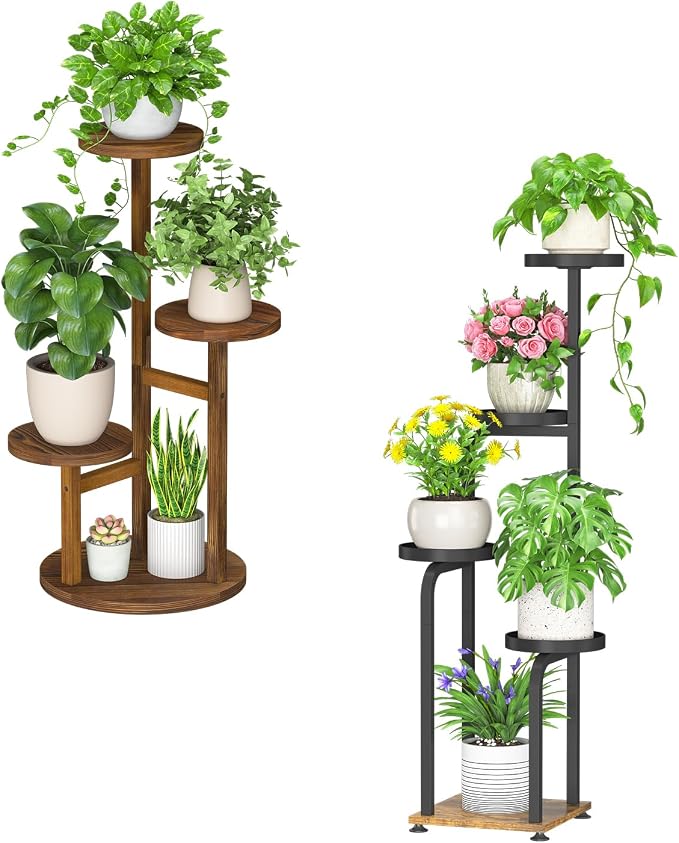 iDavosic.ly Tiered Plant Stand Indoor Set of 2, 4 Tier Corner Multi Flower Holder Shelf with Metal Trays & 3 Tier Small Plant Stand Indoor