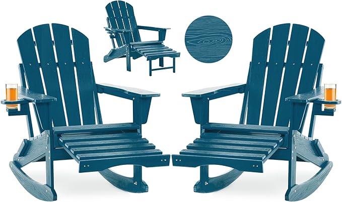 Folding Adirondack Rocking Chair Set of 2,4-in-1 Multifunctional Patio Chairs with Retractable Ottoman, Outdoor Chairs Wood Texture, Lawn Chair for Porch, Backyard, Pool(Navy Blue)