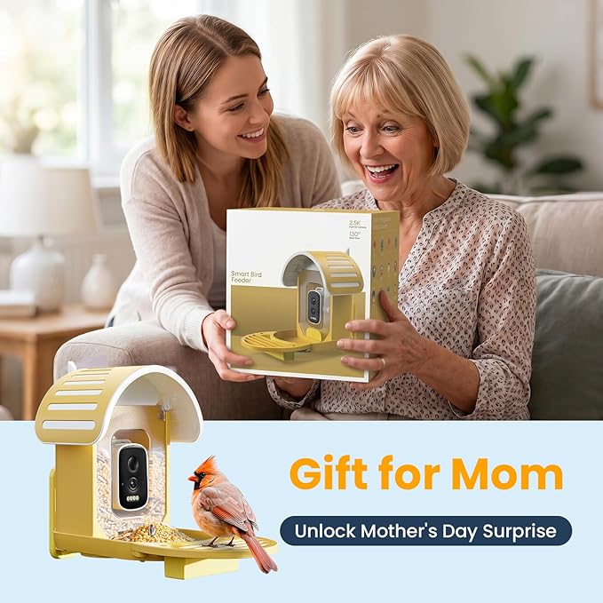 Smart Bird Feeder with Camera, 2.5K UHD Bird Camera AI Identifies 11,000+ Bird's Species, Real-time Bird's Videos & Pictures, Solar Powered Wireless Outdoor, Ideal Gift for Mom, Yellow