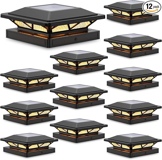 SIEDiNLAR Solar Post Cap Light 2 Modes 12 Pack, 3.5x3.5 4x4 4.5x4.5 5x5 Wooden/Vinyl Posts, Waterproof Outdoor Lighting for Fence Deck Patio Garden Decor, White/Warm (Black)
