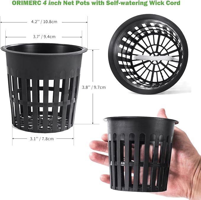 ORIMERC 4 inch Net Pots, 20 Pack Net Cups with 20 feet Self-Watering Rope&Plant Labels, for Hydroponic Aquaponics Kratky Orchid Vegetable Indoor Outdoor Growing Baskets Nursery Slotted Mesh BPA Free