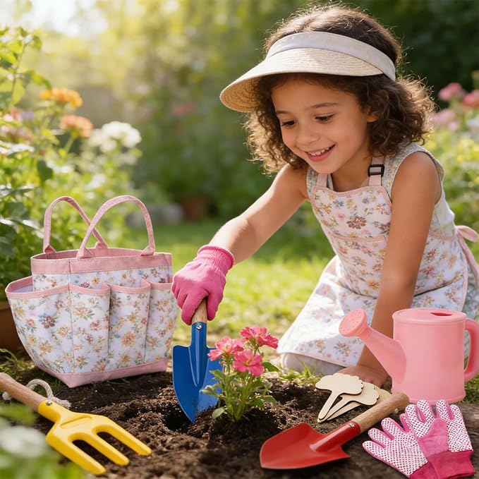 Kids Gardening Tools Set Toddler Gardening Kit with Apron & Tote Bag, Shovel, Fork, Trowel and Gloves, Outdoor Gardening Toys Easter Gifts for Children Ages 3-10