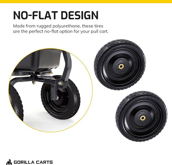 Gorilla Carts 2-Pack 13 Inch No-Flat Replacement Tires, 300 lb Capacity Each – Solid Polyurethane, 2.16” Hub, 5/8” Bore – Fits Lawn & Garden Utility Wagon, Hand Truck, Air Compressor, Pressure Washer
