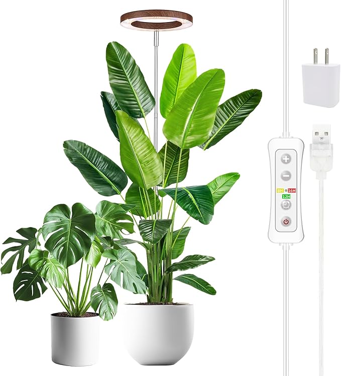Plant Grow Light,yadoker LED Growing Light Full Spectrum for Indoor Plants,Aluminum Walnut Wood Grain Plant Lights,Height Adjustable, Automatic Timer, 5V Low Safe Voltage,Idea for Large