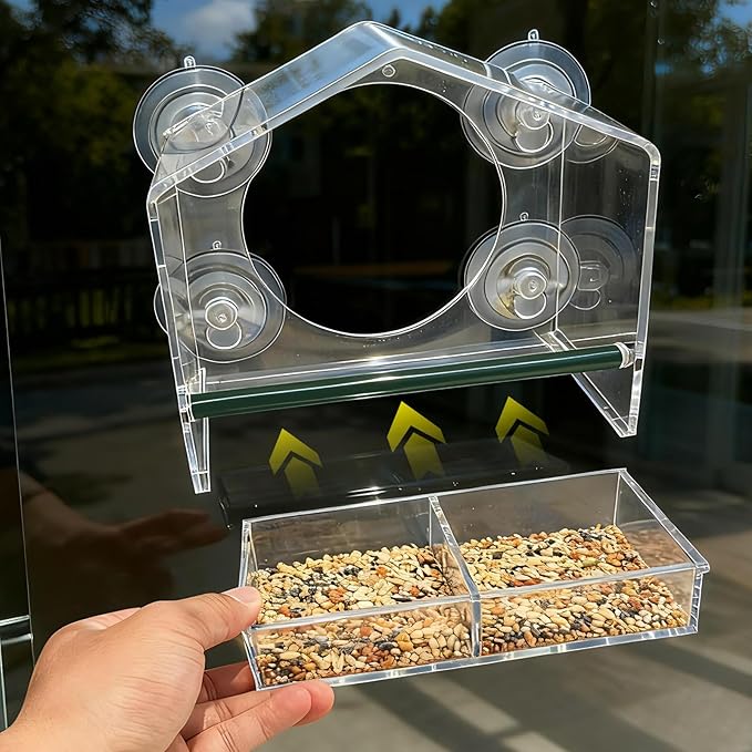 Window Bird Feeder with Non-Marking Self-Adhesive Hooks, 2 pcs Clear and Transparent, Outdoor Wild Bird Watching Gift for Finches, Cardinals (1 Large+1small Acrylic)