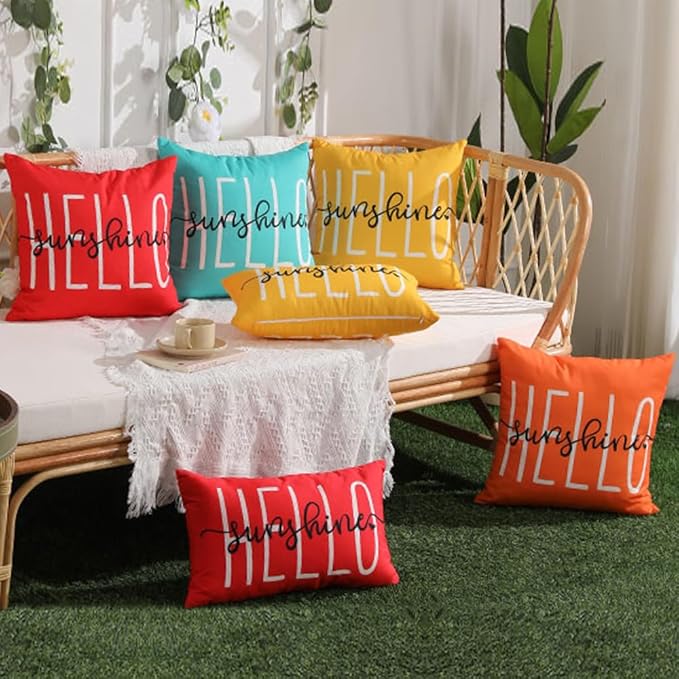 DFXSZ Outdoor Pillow Covers 18x18 Inch Set of 2 Hello Sunshine Decor Blue Green Waterproof Throw Pillow Covers Summer Outdoor Waterproof Pillow covers Decor for Patio Funiture Garden Sofa Couch 020D18