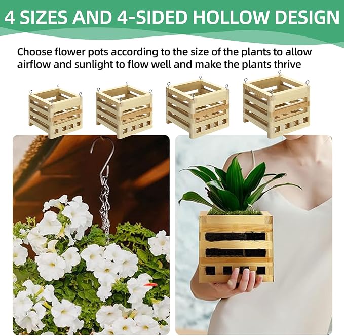 4 Sets Wooden Orchid Wall Planters Wood Orchid Hanging Planter with Hangers Wooden Plant Hanger Orchid Basket with Chain for Indoor or Outdoor Including 4 Adjustable Mats (4+6+8+10inch)