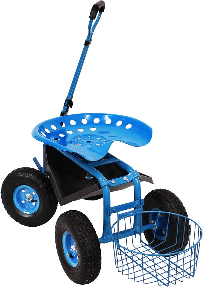 Sunnydaze Garden Cart with Wheels - Garden Stool on Wheels - Rolling Gardening Seat with Extendable Handle - Swivel Seat - Blue