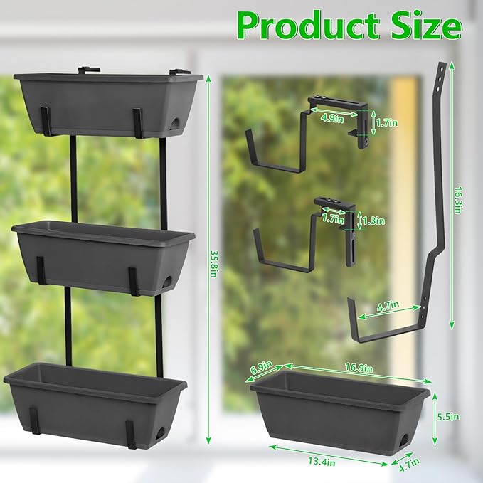 OYEAL Deck Railing Planters Vertical Garden Hanging Planter Boxes with Adjustable Brackets, Set of 2 Hanging Flower Pots for Railing Fence with 6 Plastic Planter Boxes, Grey