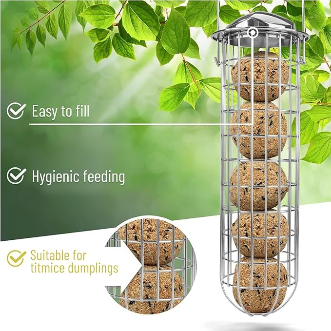 Wildtier Herz | Fat Ball Holder 12" - 5 Year Guarantee - Made of Rustproof Metal Bird Feeding Station for Fat Balls - Ecological Bird Feeder (31cm, Stainless Steel)