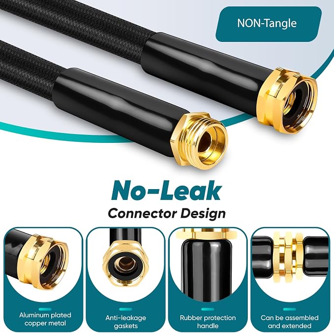 Garden Hose 100FT Non-Expanding, Lightweight Hose With 10-Function Nozzle, Leak-Proof No-Knot, Easy to Carry, Wear-Resistant, Sturdy 3/4GHT Flexible Water Hose for Outdoor (Black with Nozzle)