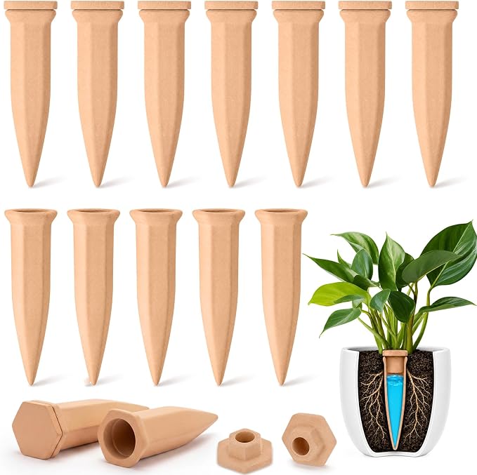 12 Pack Terracotta Watering Spikes with Lids Plant Watering Spikes Automatic Plant Waterer Devices Outdoor Indoor Vacation Friendly Slow Release Self Waterer Planter Insert(Medium)
