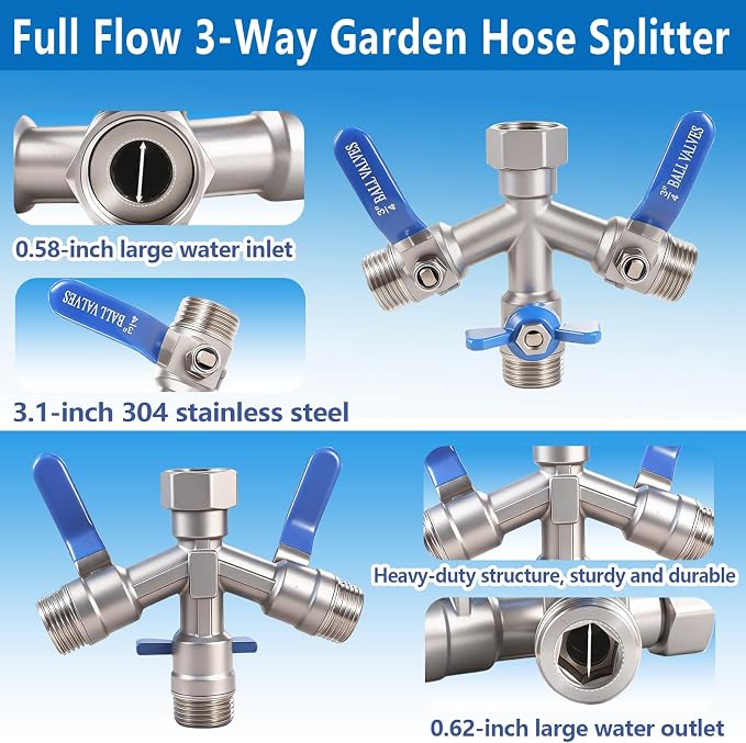 304 Stainless Steel Garden Hose Splitter 3 Way Heavy Duty, Full Flow Y Valve Water Hose Splitter With Large Handle, Lead-free，3/4" GHT Thread Connector For Outdoor Spigot Faucet