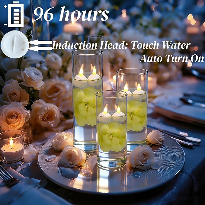 24 Pack Flameless Floating Candles and Floating Artificial FlowerLed Battery Operated Waterproof Tea Lights for Cylinder Vases Centerpieces at Wedding, Party, Pool Decor