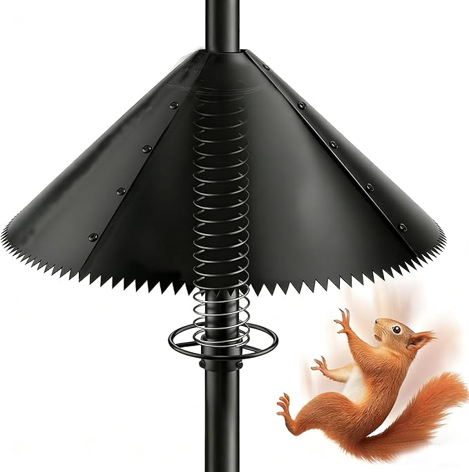 Squirrel Baffle for Bird Feeder Pole-Dynamic Steel Spring-Loaded Wobble Defense,Outside Pole Mount Bird House Guard for Outdoor Shepherd’s Hook, 19 Inch Diameter,Metal Buckle(1pcs)