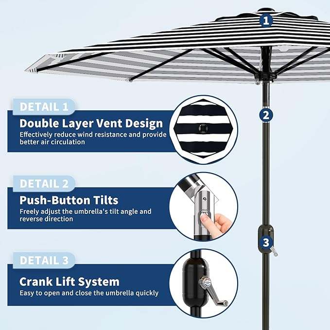 Garvee 10 ft Outdoor Patio Umbrella 8 Sturdy Ribs Outdoor Table Umbrella with Crank Lift & Push Button Tilt UV Protection Waterproof Market Umbrellas for Pool Deck Yard Garden, Black & White Stripes