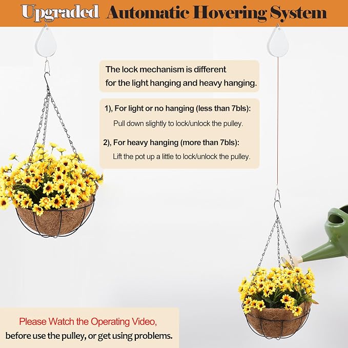 WROSWT Upgraded Retractable Plant Hanger,Plant Pulleys for Hanging Plants,Easy to Raise and Lower,Auto Lock,Heavy Duty,Adjustable Hook for Garden Baskets Pots,Birds Feeder,(6Pcs,White)