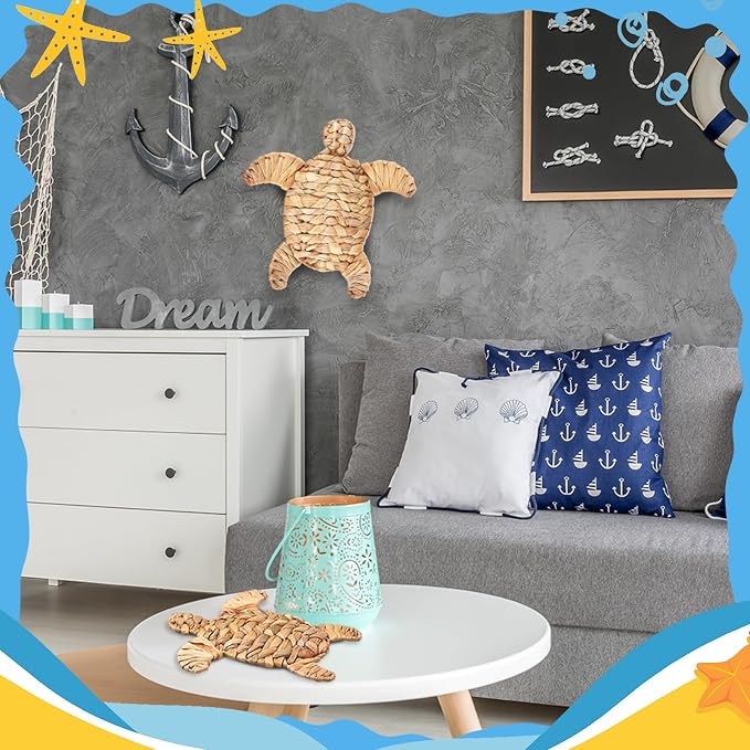 Threehoney Sea Turtle Beach Theme Decor 9.84 Inch Handmade Wicker Turtle Wall Decor Sea Life Hanging Wall Art Coastal Nautical Sculpture Table Decoration for Boho Bathroom Indoor Outdoor Ornament