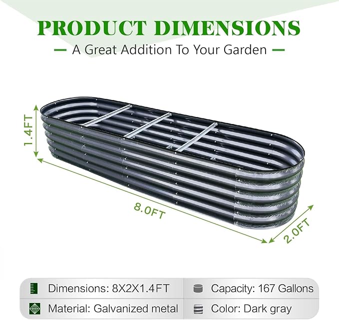 GrowHaus 8x2x1.4FT Galvanized Raised Garden Bed, Planter Boxes Outdoor Large Metal Garden Beds for Planting Vegetables Flowers Herbs Dark Gray