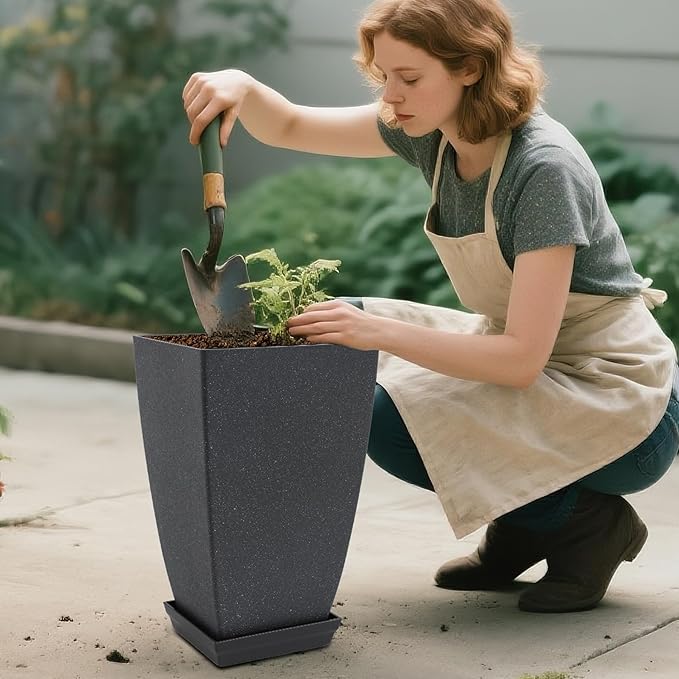 Neoaider Set of 2 Tall Planter, 21 inch Large Plastic Planter with Drain Hole & Saucers, Large Outdoor Planters for Porch, Garden, Patio, Balcony(Cement Gray)