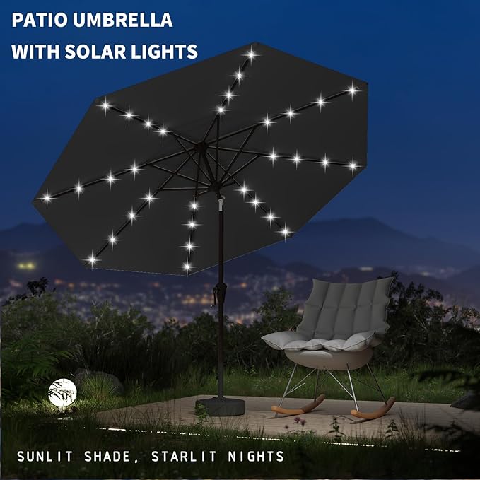 9FT Patio Umbrella with Solar Lights,Outdoor Market Umbrella with Tilt and Crank, LED Lighted Table Umbrella for Garden,Deck,Backyard,Pool,Beach