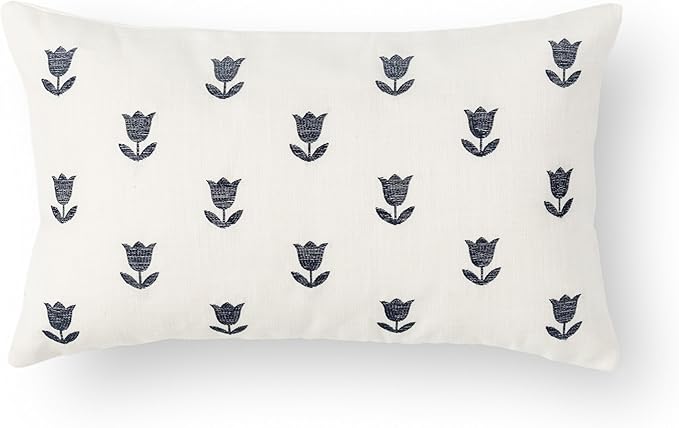 Crumbs Home Coastal Linen Indoor Outdoor Lumbar Pillow Cover Only, 12"x20" Water Repellent for Patio, Backyard, Couch, Neutral Dark Navy Floral