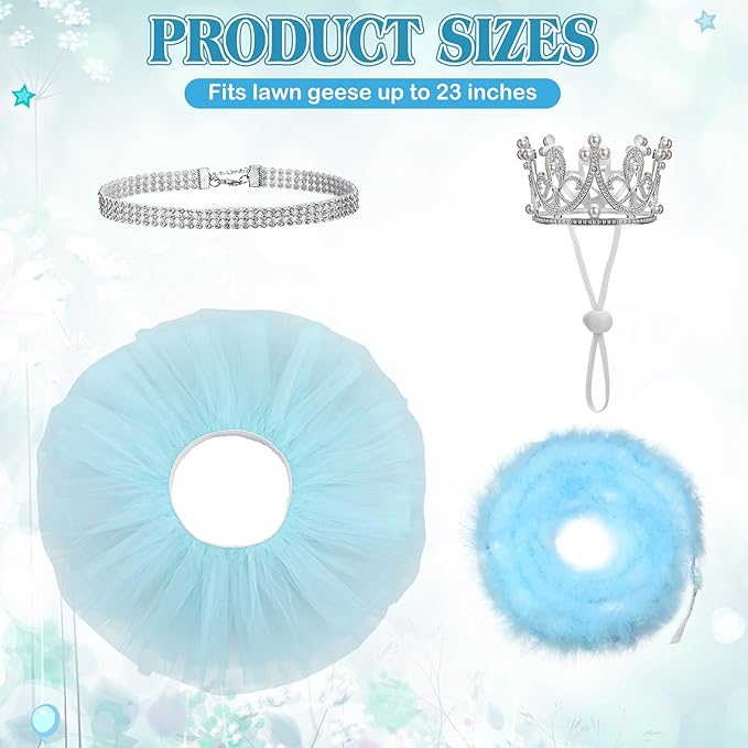 4 Pcs Princess Porch Goose Outfit for 23" 17" Cement Lawn Goose Costume Crown Necklace Tutu Skirt Feather Trim for Princess Outdoor Garden Lawn Art Decor(Blue)