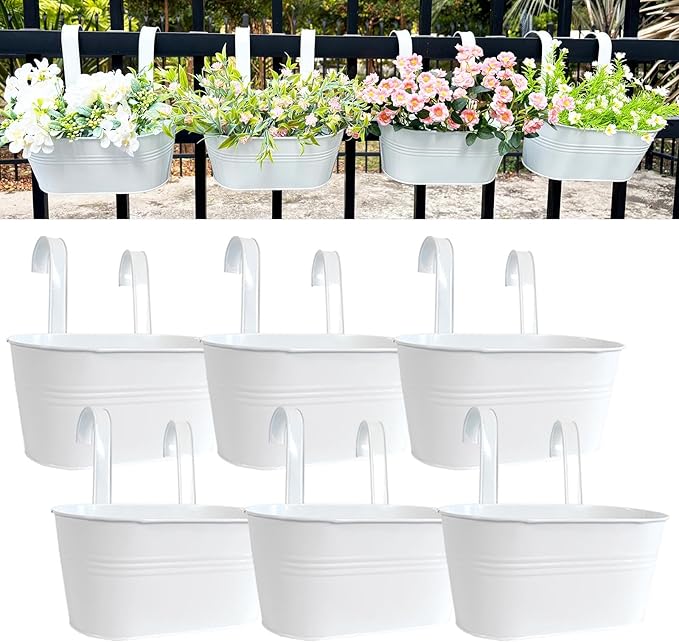 12" Balcony Railing Planters, Outdoor Hanging Planter for Fence, Stylish Metal Porch Deck Flower Pot for Herbs & Succulents (White, Pack of 6)
