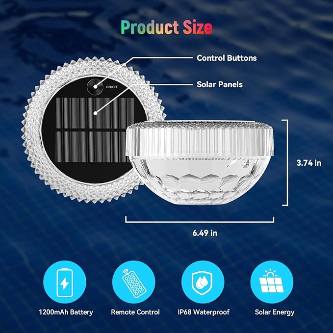 VICHTOP Solar Floating Pool Lights - 2 Pack, RGB Color Float Pool Lights, IP68 Waterproof, Pool Decor Lighting Accessories for Inground, Above Ground Pools, Outdoor, Garden, Party Decoration