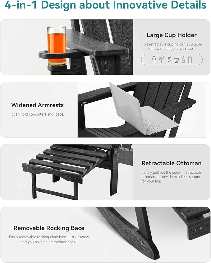 Adjustable Adirondack Rocking Chair with Retractable Ottoman, 4-in-1 Multifunctional Folding Patio Chair with Cup Holder, Outdoor Chair Wood Texture for Lawn, Porch, Backyard, Pool(Black)