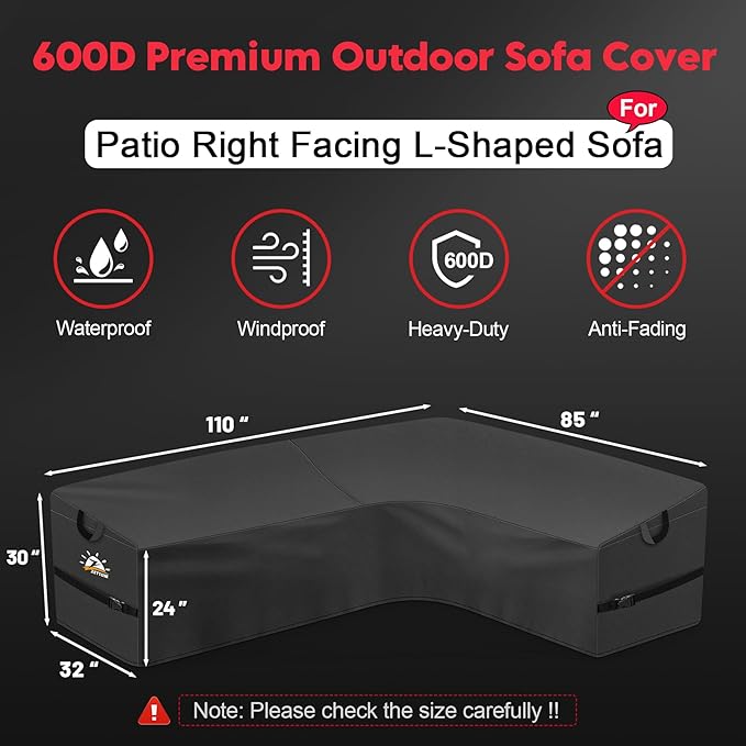 Zettum Outdoor L-Shaped Sectional Cover - 600D Patio Sectional Sofa Cover, Waterproof Patio Furniture Covers for 6-Seater Outdoor Sectional Sofa and Couch, Right Facing, 110x85 Inch Wide