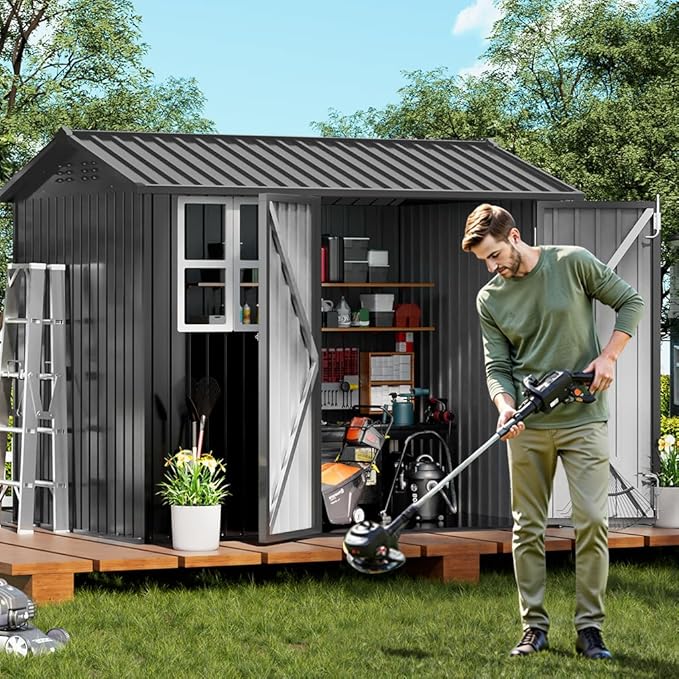 COMHOMA Shed Storage Outdoor Metal Windowed Lockable Garden Toolhouse Weatherproof Ventilated Backyard Utility Workshop(Grey,8'x6')