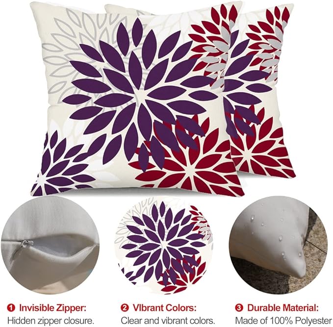 DFXSZ Purple Wine Red Flower Pillow Covers 18x18 Inch Set of 2 Outdoor Throw Pillows Outdoor Waterproof Decor for Living Room Sofa Patio Funiture Garden Floral Polyester Pillow Covers 002T18
