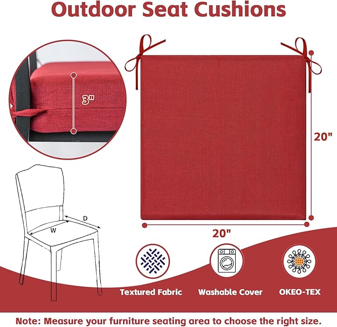 COZYVIDA Outdoor Chair Cushions Set of 4, 20"x20" Square Seat Pads with Tie Straps and YKK Zippers, 30D High-Density Foam, Water-Resistant Fabric,UV-Resistant 1000+ Hrs,Chili