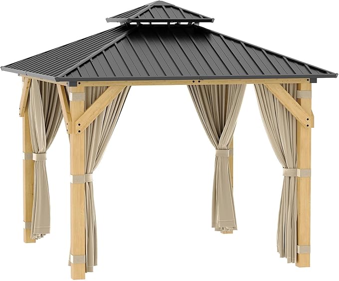10x10 ft Wood Gazebo, Upgrade Spruce Frame and Double Galvanized Steel Roof, Hardtop Gazebo