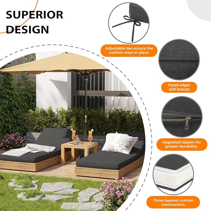 Sundale Outdoor Olefin Chaise Lounge Cushion, Water-Resistant Patio Lounge Chair Cushion, Thick Lounger Pad with 4 Straps Dark Gray, 72 x 21 x 4 Inches