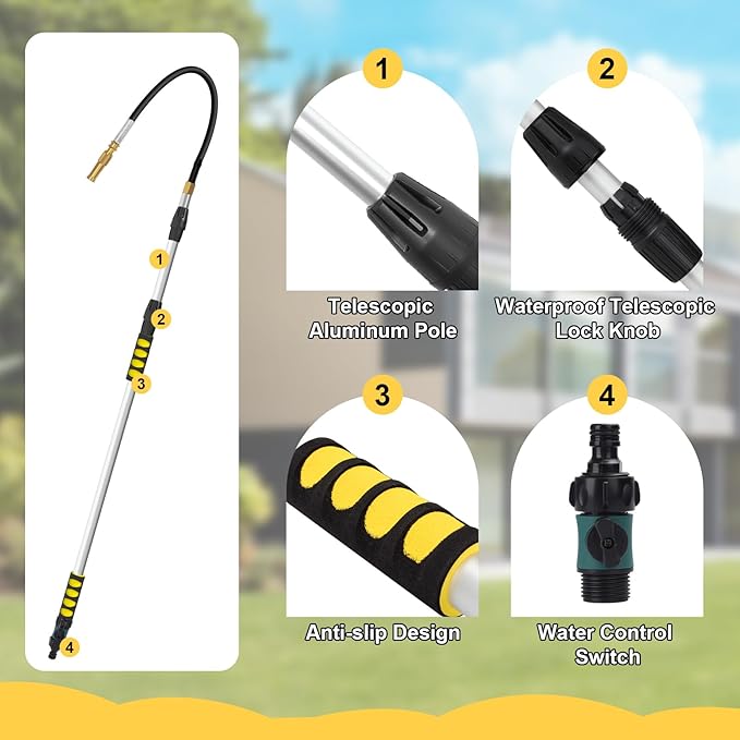 20FT Reach Gutter Cleaning Tools from Ground, Telescopic Rain Gutter Cleaner Tool with Garden Hose Attachment and Bendable Sprayer Wand