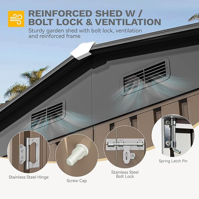 DWVO 10x8ft Outdoor Storage Shed, Large Metal Tool Sheds, Heavy Duty Storage House with Lockable Doors & Air Vent for Backyard Patio Lawn to Store Bikes, Tools, Lawnmowers, Brown