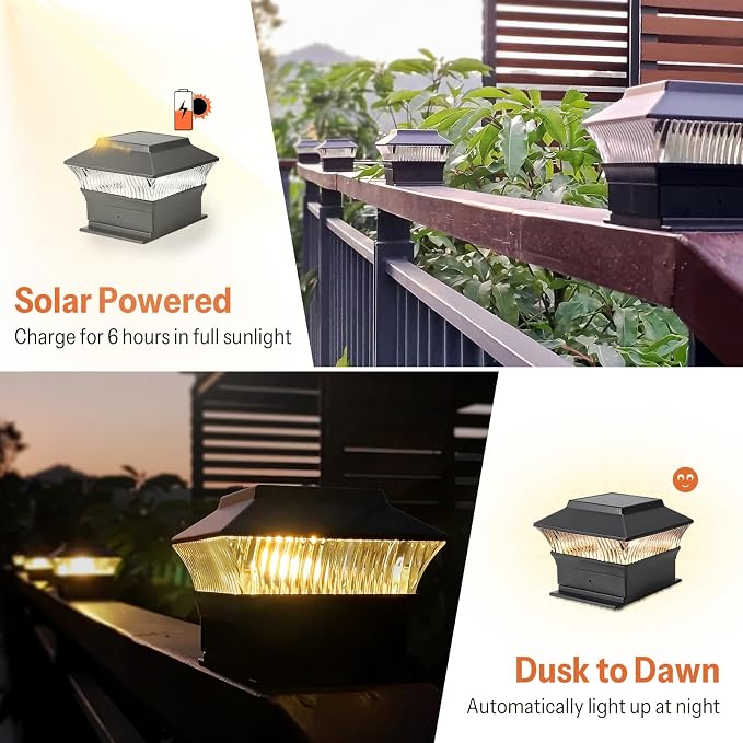 2 Pack Solar Post Cap Lights - Classic #1: for Flat Surfaces & 4x4 Vinyl, Also Fits 4x6 Wood (Sits-On-Top), 25 Lumen 3000K Warm White, Outdoor Deck Fence Light, Waterproof, Matte Black