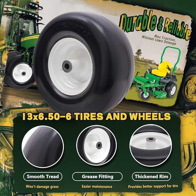13x6.50-6 Flat Free Tire and Wheel with Rim,Universal 13x6.5-6 Solid Smooth Rubber Zero-Turn Lawn mowers Tire,5.5"-7.72”Centered Hub and 3/4" extra 5/8" 1/2” Bushings(White)