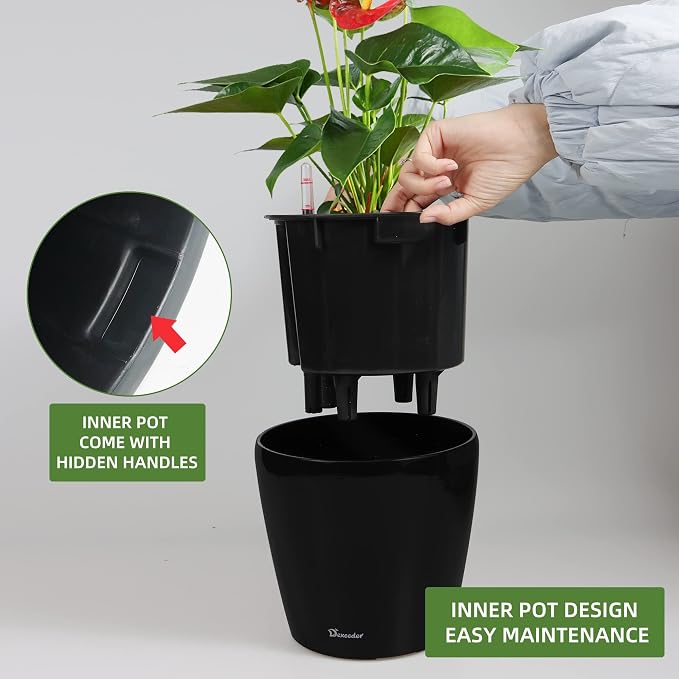 Dexceder 11x10 Self Watering Planter (Black High Gloss) | Inner Pot Design, Thickened Table Flower Plant Pot with Water Level Indicator Indoor Outdoor