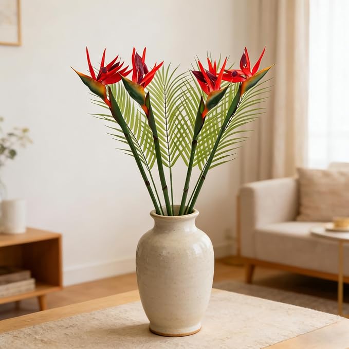 8 PCS Bird of Paradise Artificial Plant Combo Palm Leaves,4 Faux Bird of Paradise Plant with 4 Artificial Palm Leaves for Wedding Garden Office Home Indoor and Outdoor Decor(Red)