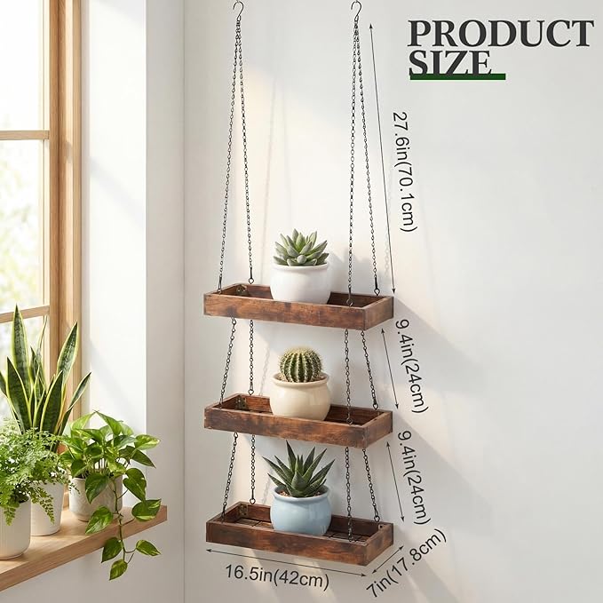 3 Tier 16" Hanging Plant Window Shelf Large Hanging Plant Holder Wood Frame Metal Chain Floating Wall Flowerpot Organizer Storage for Herbs Microgreens Succulents Balcony Living Room