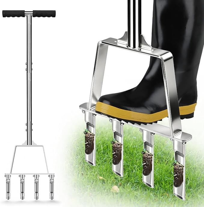 Core Aerator Lawn Tool Manual Lawn Aerator Tool with 4 Hollow Tines Non-Clogging Heavy Duty Plug Aerator for Soil Loosening Lawn Aeration, Revives Lawn Health,Garden Tool