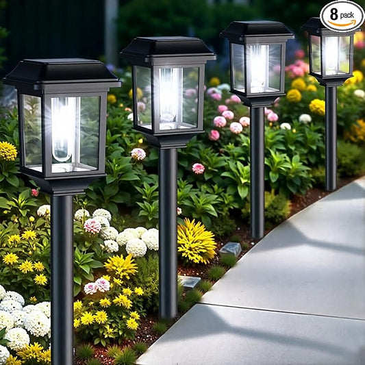 Mancra Solar Outdoor Lights Waterproof, 8 Pack Metal Glass Solar Pathway Lights Outdoor Lighting Garden Decor for Landscape Path Yard Patio Driveway (Cool White)