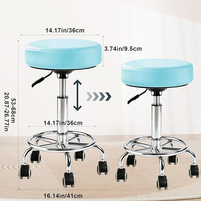 Adjustable Rolling Stool with Wheels Heavy Duty Round RollingStool with Footrest, Patent Leather Drafting Stool Chair with Wheels Work Spa Salon Seat,Blue
