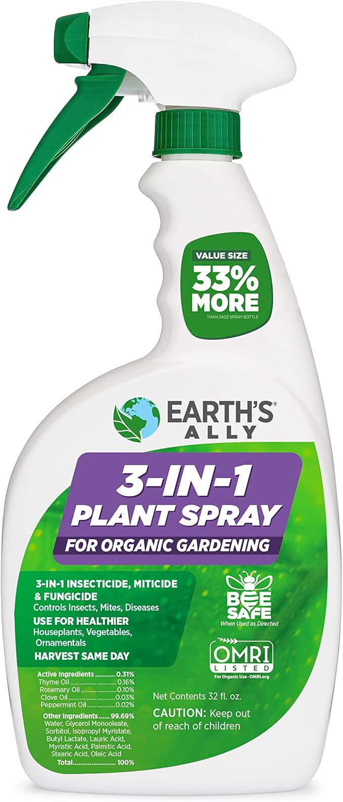 Earth's Ally 3-in-1 Plant Spray for Pests and Disease - Organic Insecticide, Fungicide and Spider Mite Control - OMRI Listed Indoor Outdoor Garden Spray - Safe for Pollinators, Kids and Pets - 32 oz