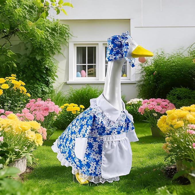 Spring Goose Outfit Flower Porch Goose Clothes for 23" Cement Statue Goose Costume with Daisy Skirt Outdoor Patio Yard Lawn Art Decoration(Blue)